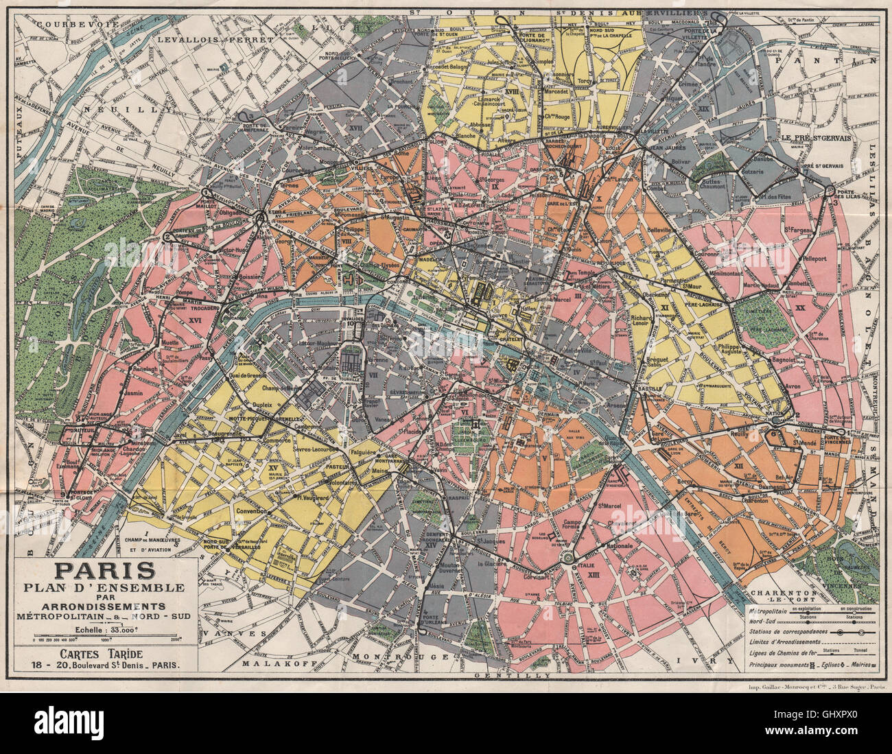 PARIS. Plan d'ensemble par Arrondissements Métropolitain. TARIDE, 1926 old map Stock Photo