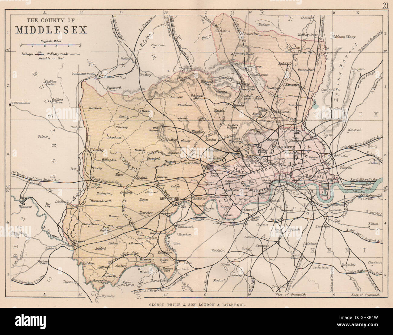 Antique county map BR DAVIES 1863 Railways MIDDLESEX /& LONDON PARISHES