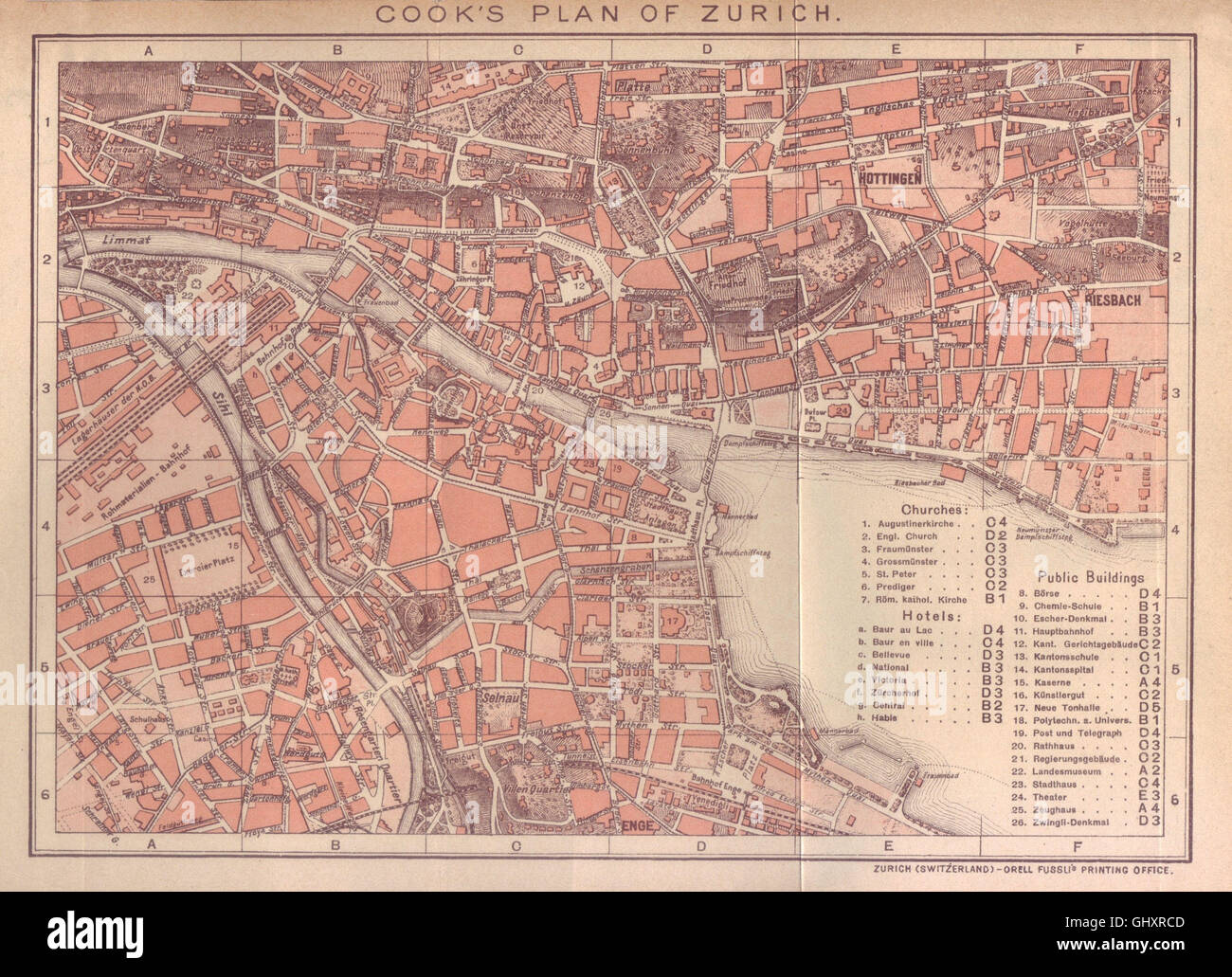 ZURICH: Vintage town plan. Switzerland. THOMAS COOK, 1900 antique map ...