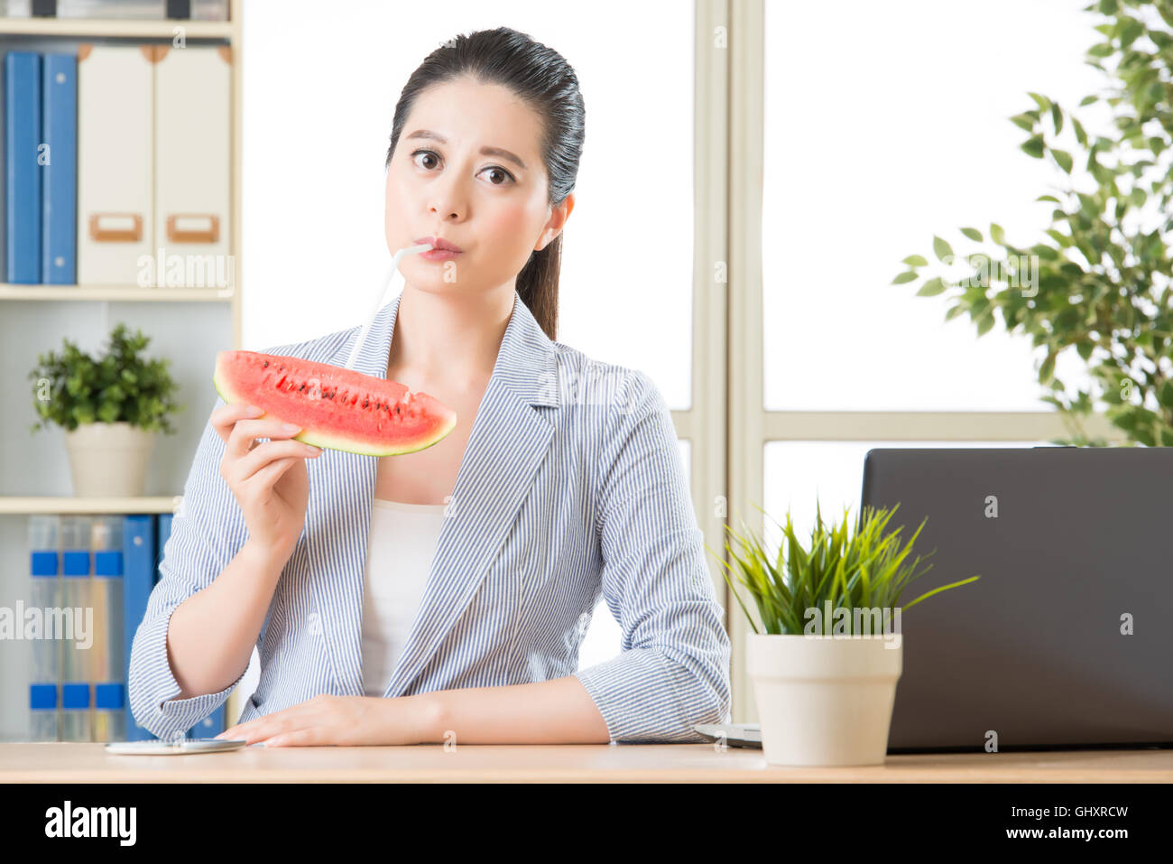 you will fall in love with real fresh watermelon juice after you try it Stock Photo