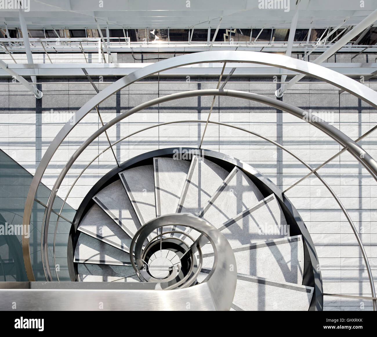 Metal spiral staircase viewed from above. 70 Mark Lane - City of London, London, United Kingdom. Architect: Bennetts Associates Stock Photo
