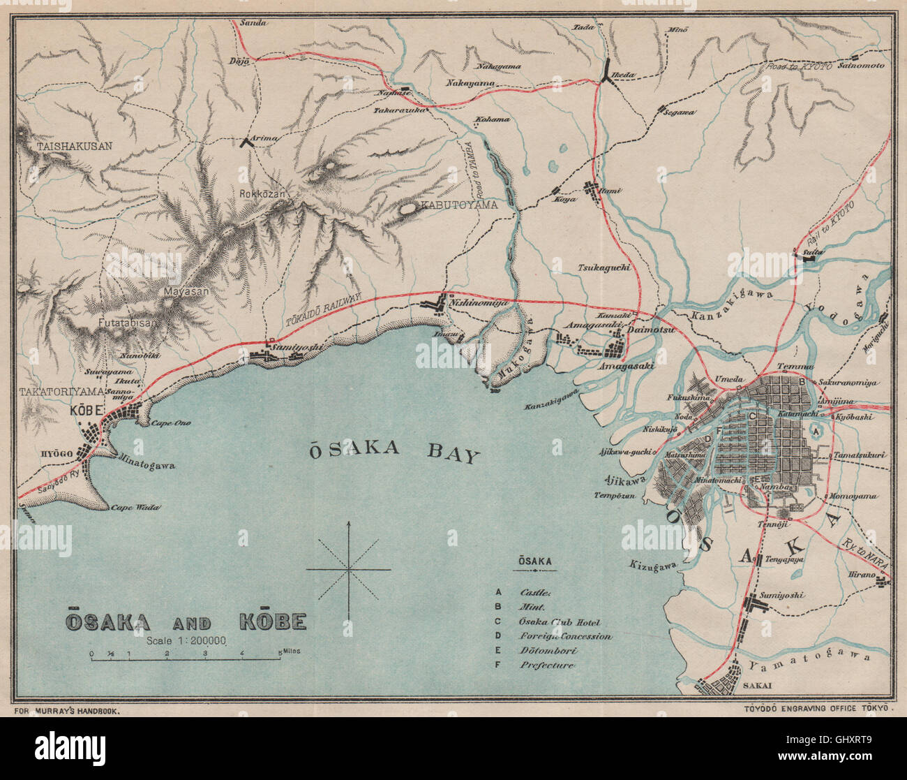 JAPAN. Osaka and Kobe. Osaka bay. MURRAY, 1901 antique map Stock Photo