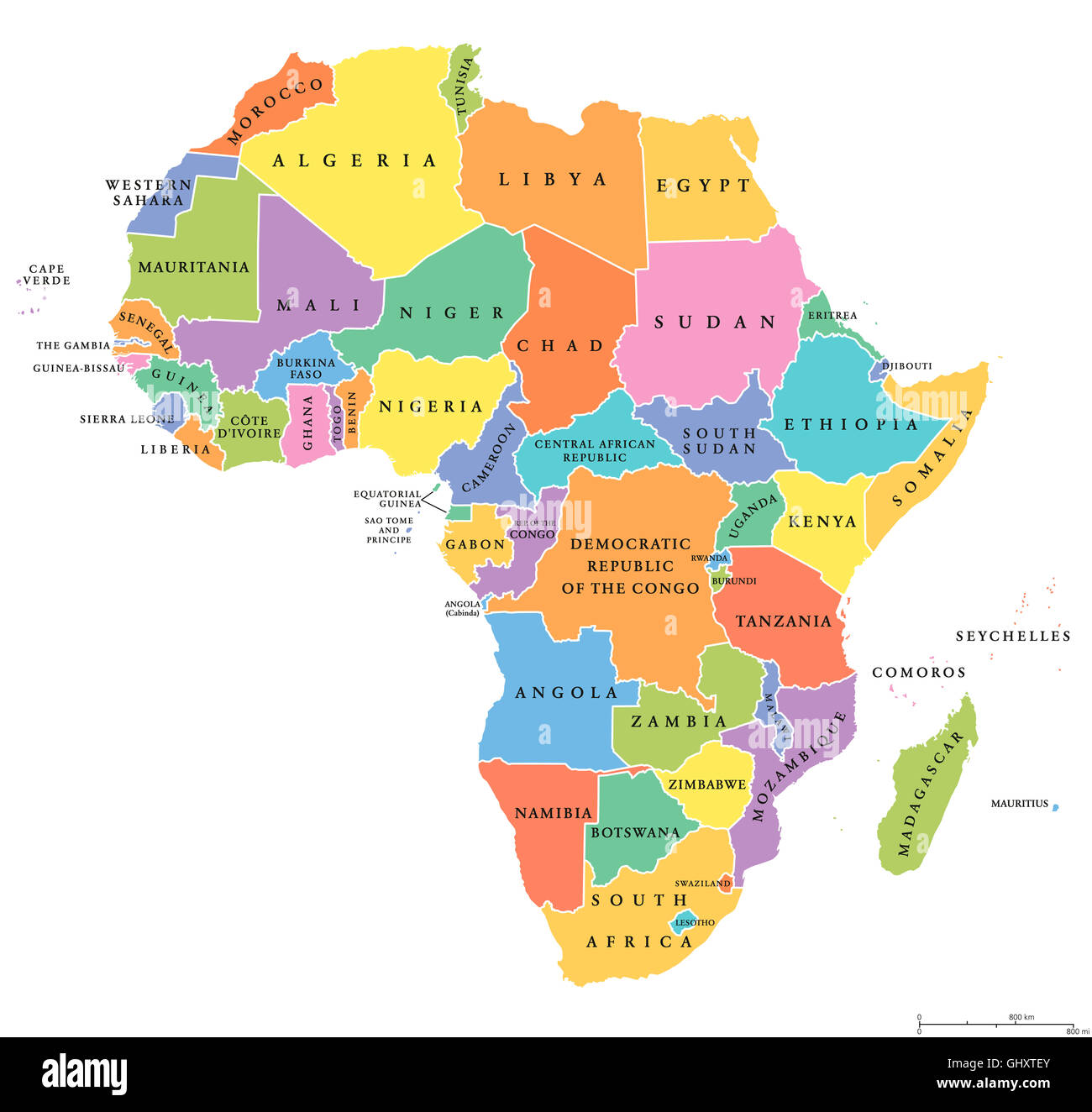 Africa single states political map. Each country with its own color area. With national borders on white background. Stock Photo