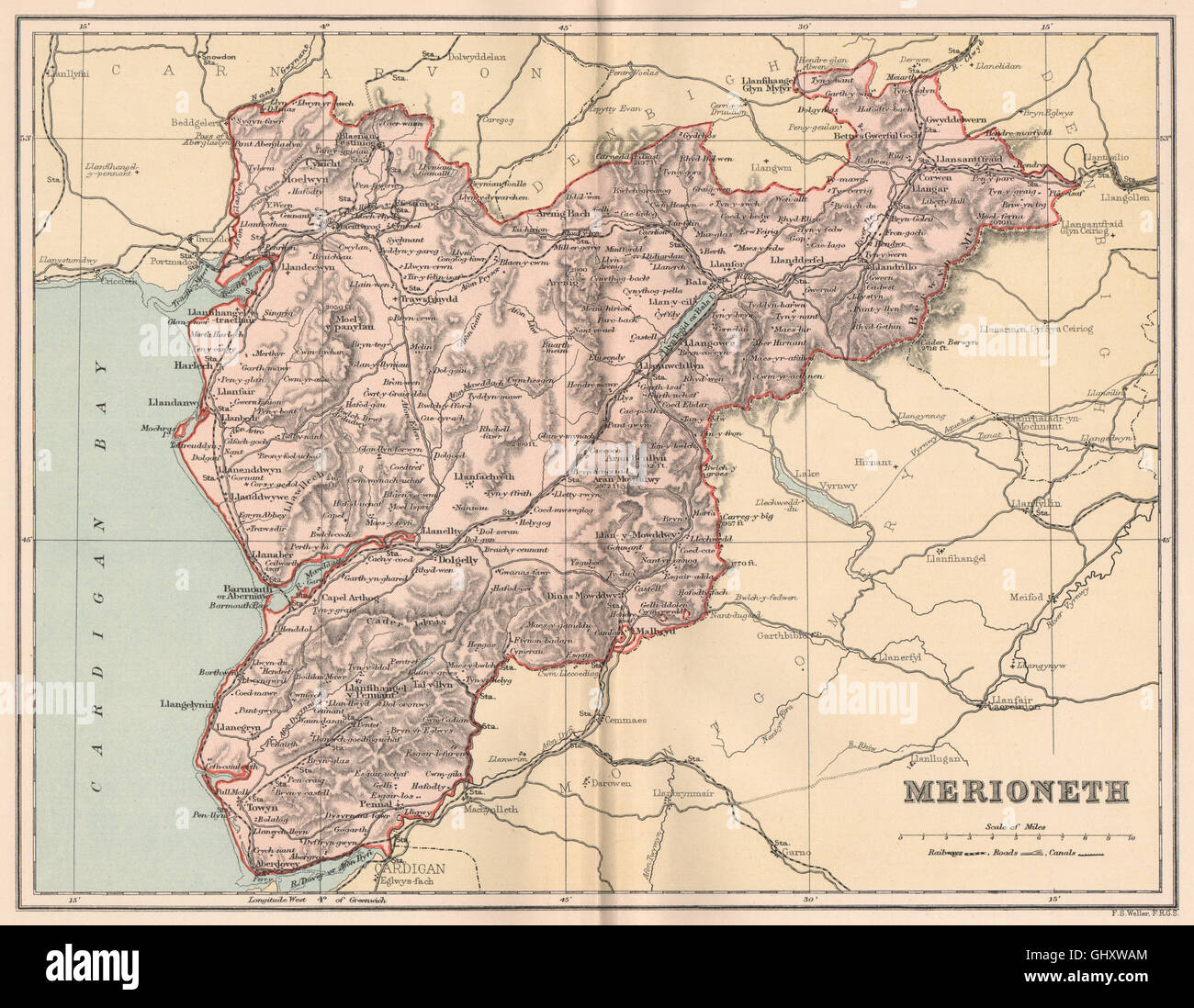 MERIONETHSHIRE. Antique county map. Wales, 1893 Stock Photo