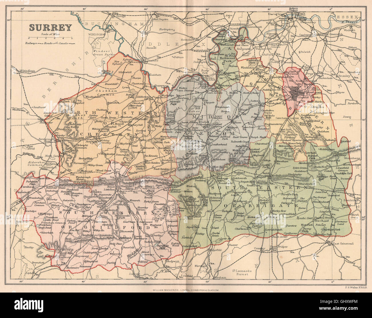 SURREY. Antique county map, 1893 Stock Photo - Alamy