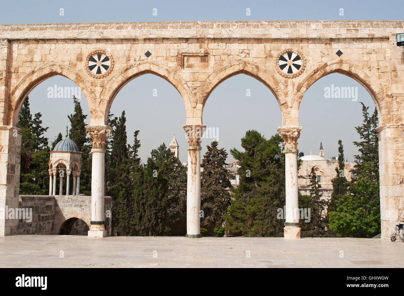Jerusalem: the causeway with arches on Temple Mount (known to Muslims as the Haram esh-Sharif), one of the most important religious sites in the world Stock Photo