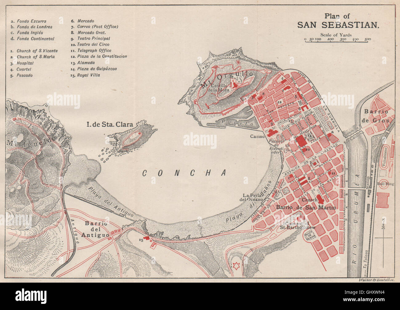 SAN SEBASTIAN antique town city plan ciudad. Spain Espana. MURRAY, 1898 ...