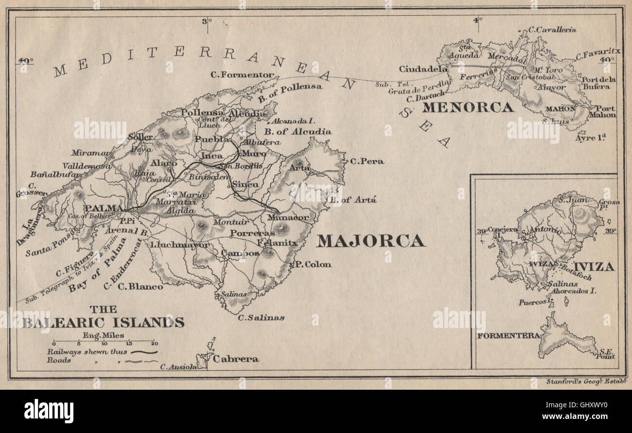 BALEARIC ISLANDS Majorca Menorca Iviza Ibiza Formentera Islas Baleares, 1898 map Stock Photo