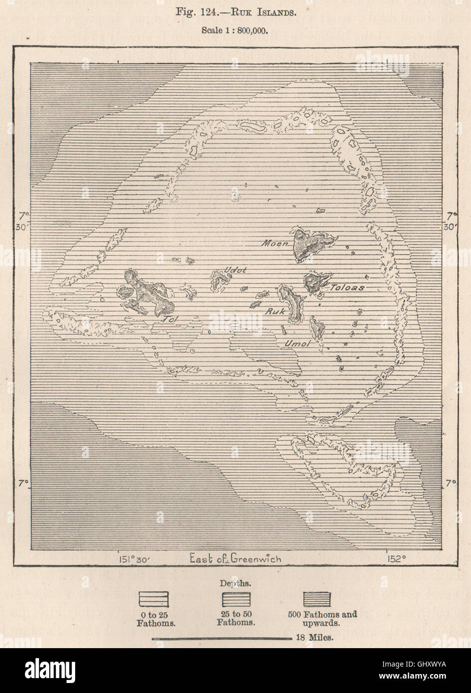 Chuuk/Truk Islands & Lagoon. Micronesia, 1885 antique map Stock Photo