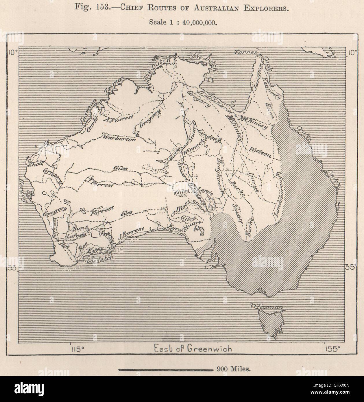 Chief routes of Australian Explorers, 1885 antique map Stock Photo - Alamy