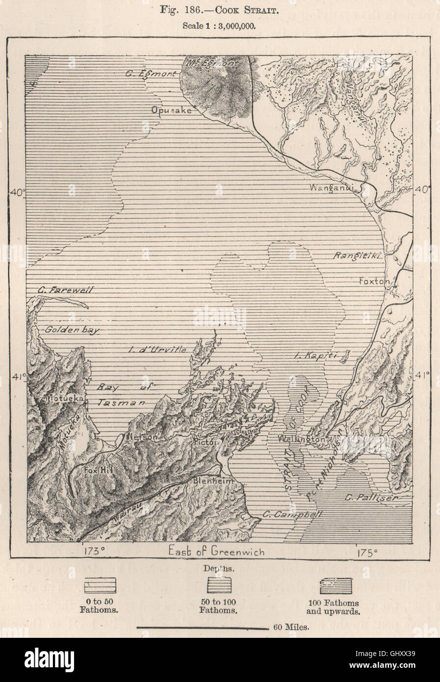 Cook Strait. New Zealand, 1885 antique map Stock Photo