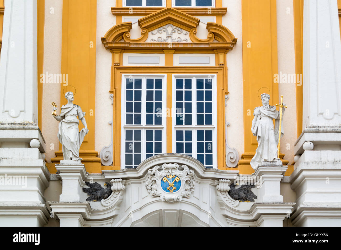 Detail of facade in front courtyard of Melk Abbey in Wachau Valley, Lower Austria Stock Photo