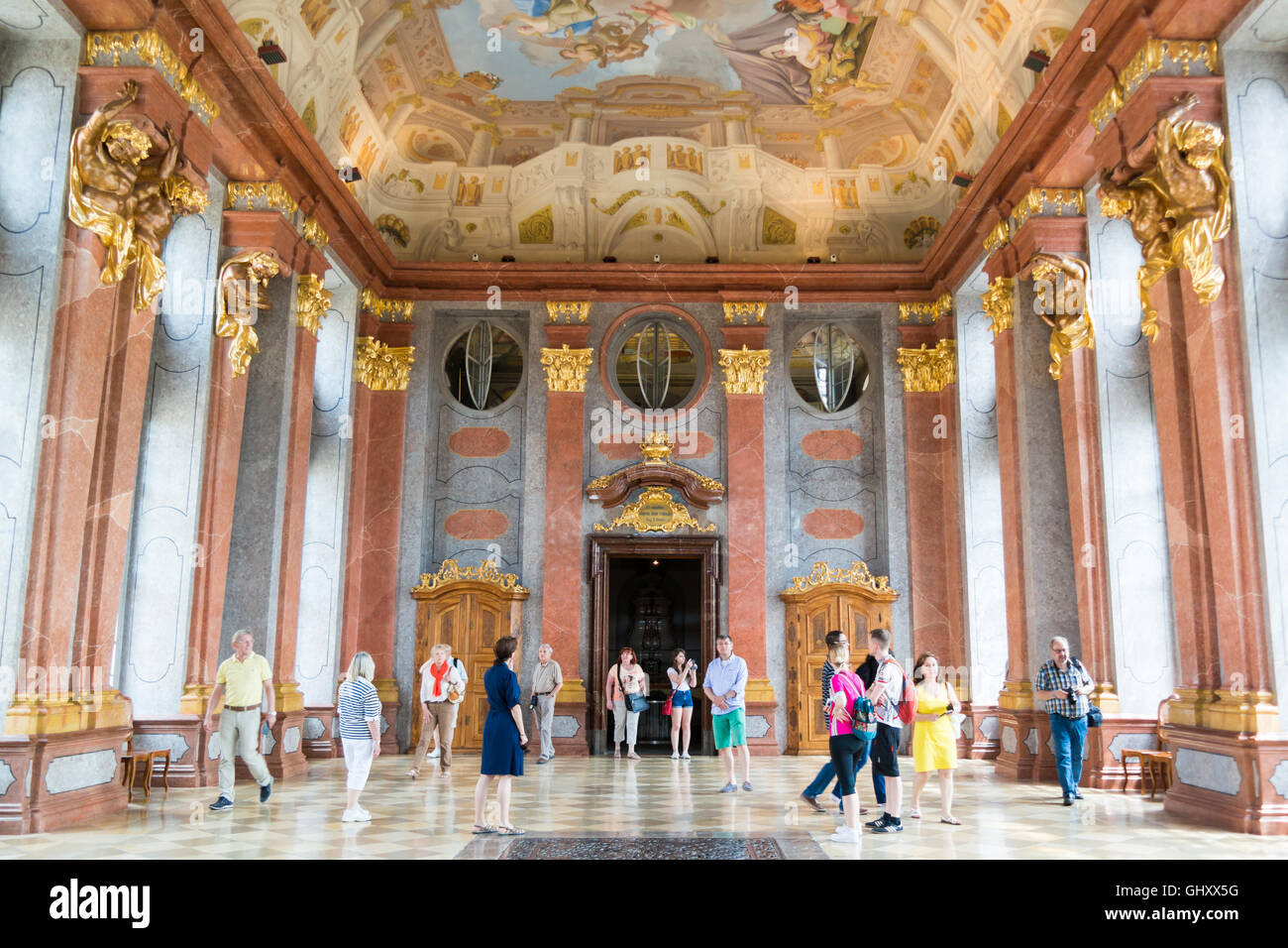 People in Marble Hall of Melk Abbey in Wachau Valley, Lower Austria Stock Photo