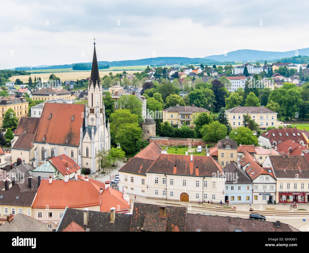 View of church and town of Melk from abbey in Wachau Valley, Lower Austria Stock Photo