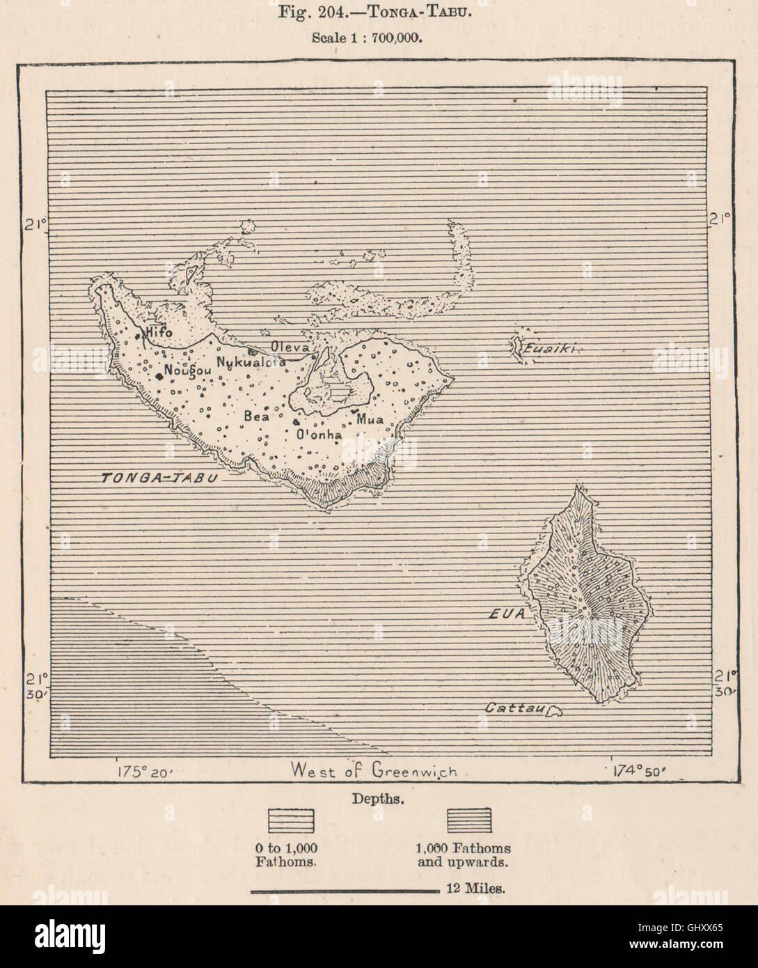 Tongatapu. Polynesia, 1885 antique map Stock Photo