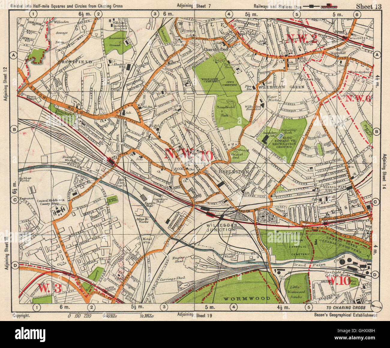 Kensal Green London Map Nw London Willesden Harlesden Kensal Green Brentfield Park Royal.bacon,  1938 Map Stock Photo - Alamy