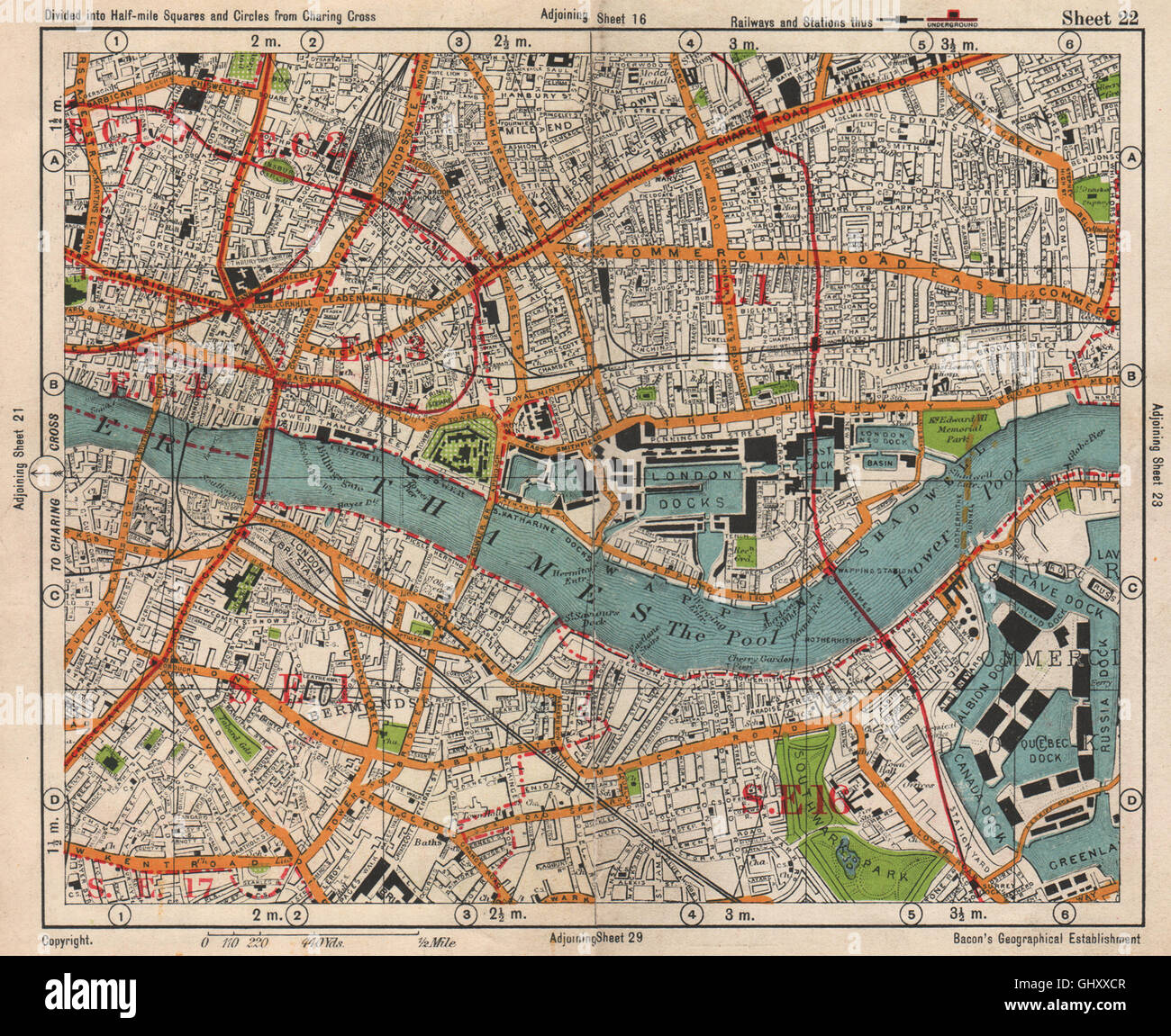 LONDON. City East End Bermondsey Stepney Rotherhithe Whitechapel.BACON, 1938 map Stock Photo