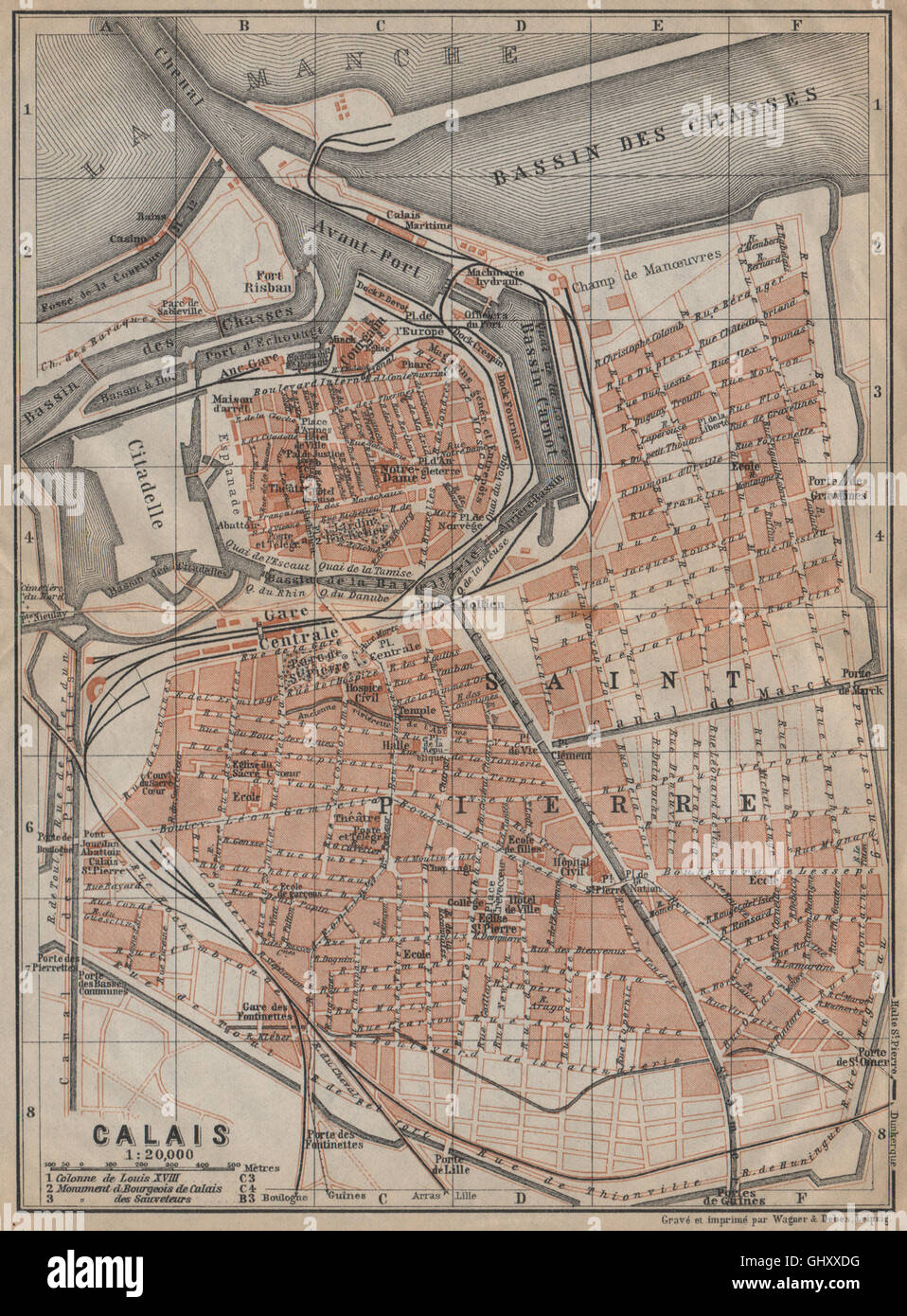 CALAIS antique town city plan de la ville. Pas-de-Calais carte, 1909 old map Stock Photo