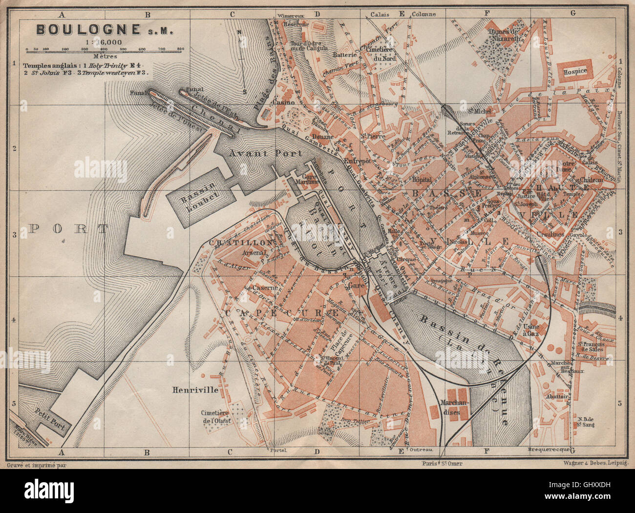 BOULOGNE-SUR-MER town city plan de la ville. Pas-de-Calais carte, 1909 old map Stock Photo