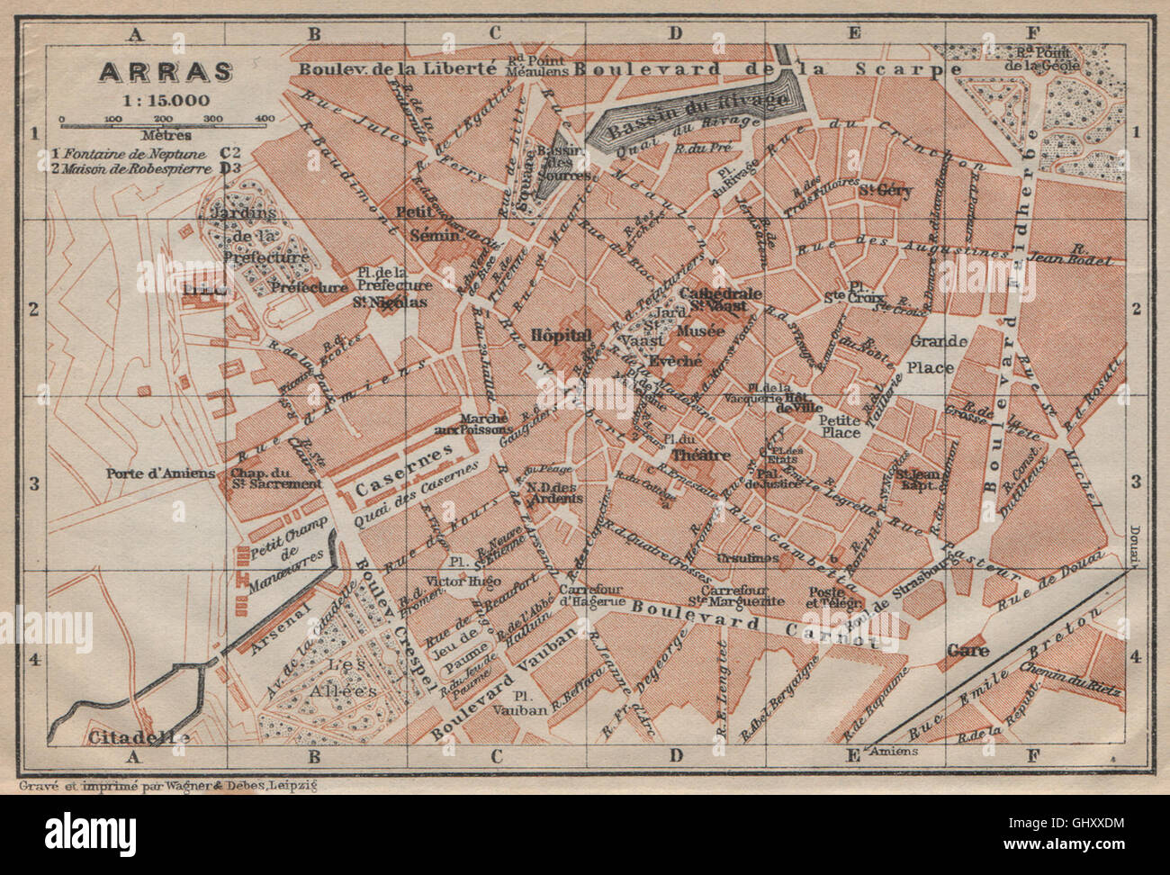 ARRAS antique town city plan de la ville. Pas-de-Calais carte, 1909 old map Stock Photo