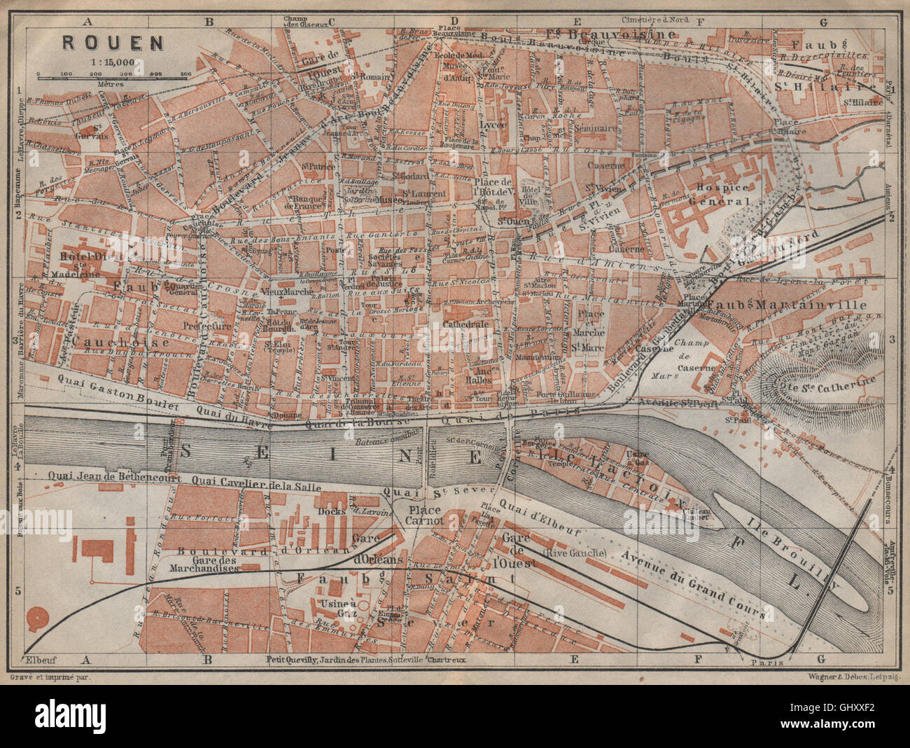 ROUEN antique town city plan de la ville. Seine-Maritime carte, 1909 old map Stock Photo