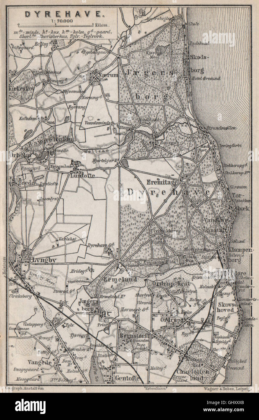 JAEGERSBORG DYREHAVE. Lyngby Naerum Skodsborg Ermelund. Denmark kort, 1886 map Stock Photo