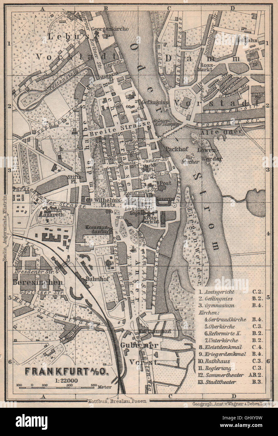 FRANKFURT AN DER ODER antique town city stadtplan. Hessen karte, 1886 old map Stock Photo