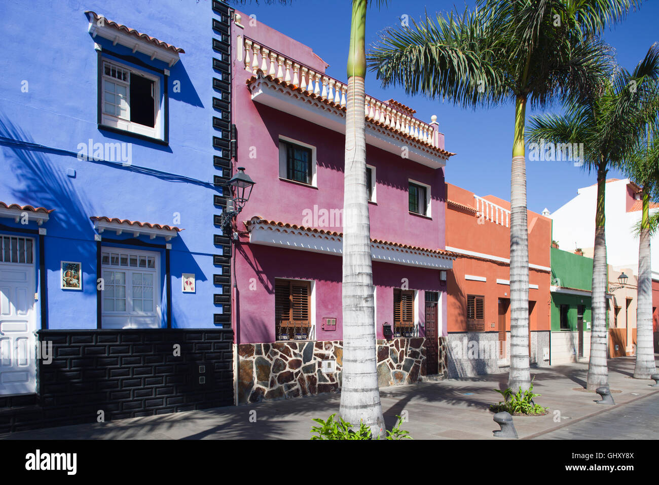 Houses in Calle de Mequines, Puerto de la Cruz town, Tenerife island, Canary archipelago, Spain, Europe Stock Photo