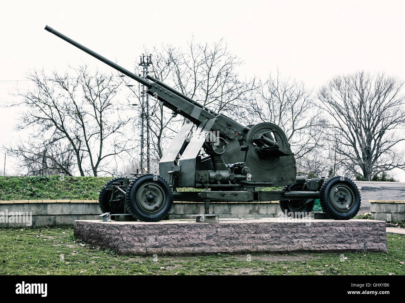 Antiaircraft machine gun of the World war II. War industry. Cold photo