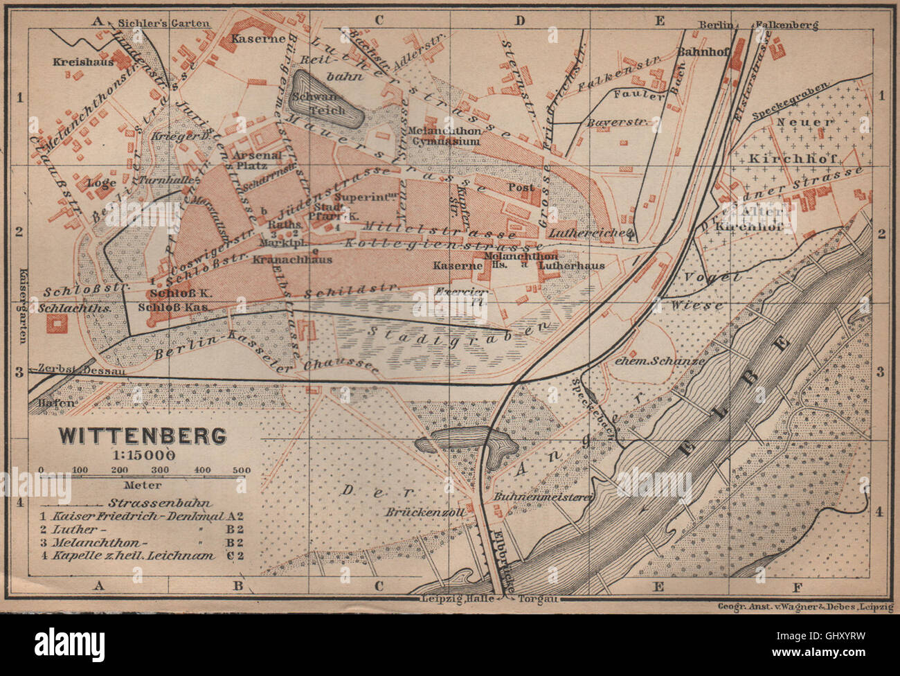 WITTENBERG antique town city stadtplan. SaxonyAnhalt karte. BAEDEKER