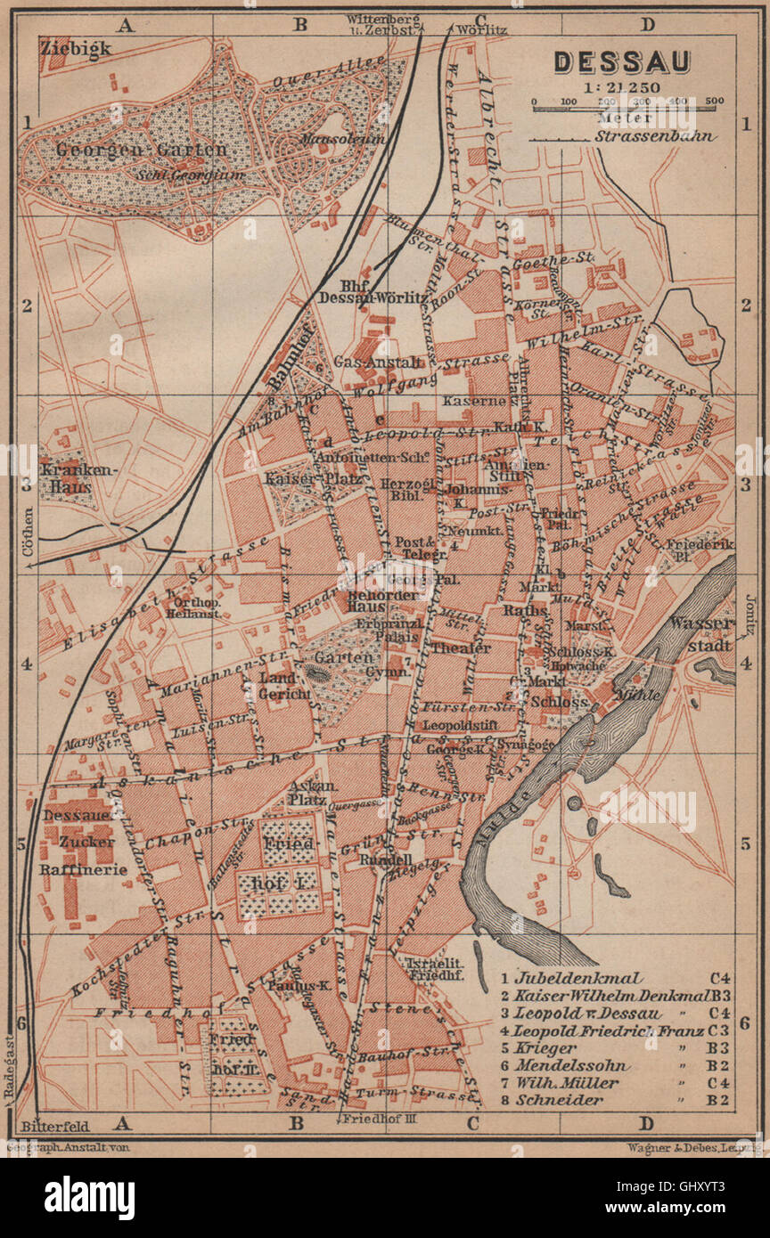 DESSAU antique town city stadtplan. Saxony-Anhalt karte. BAEDEKER, 1900 map Stock Photo