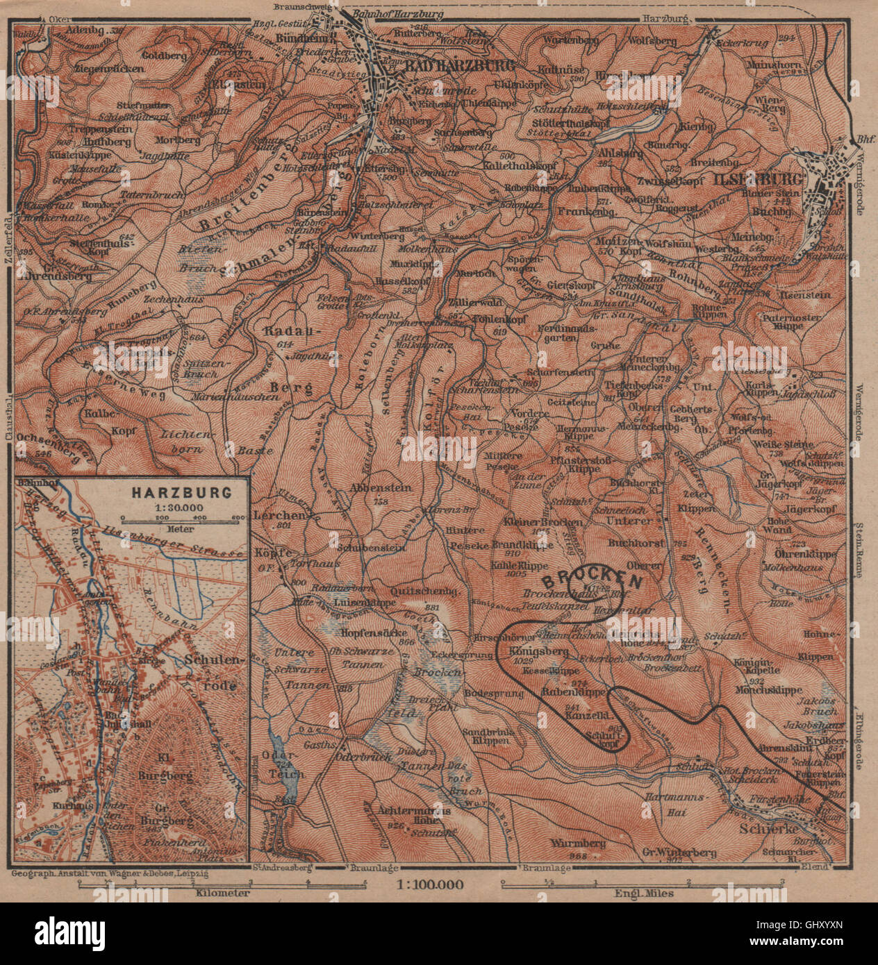 BAD HARZBURG town city stadtplan & umgebung. HARZ MOUNTAINS. Brocken, 1900  map Stock Photo - Alamy