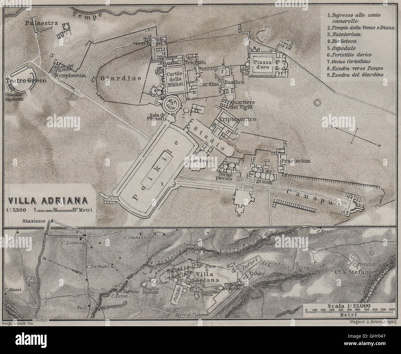 HADRIAN'S VILLA at TIVOLI. VILLA ADRIANA. Ground plan. Italy mappa
