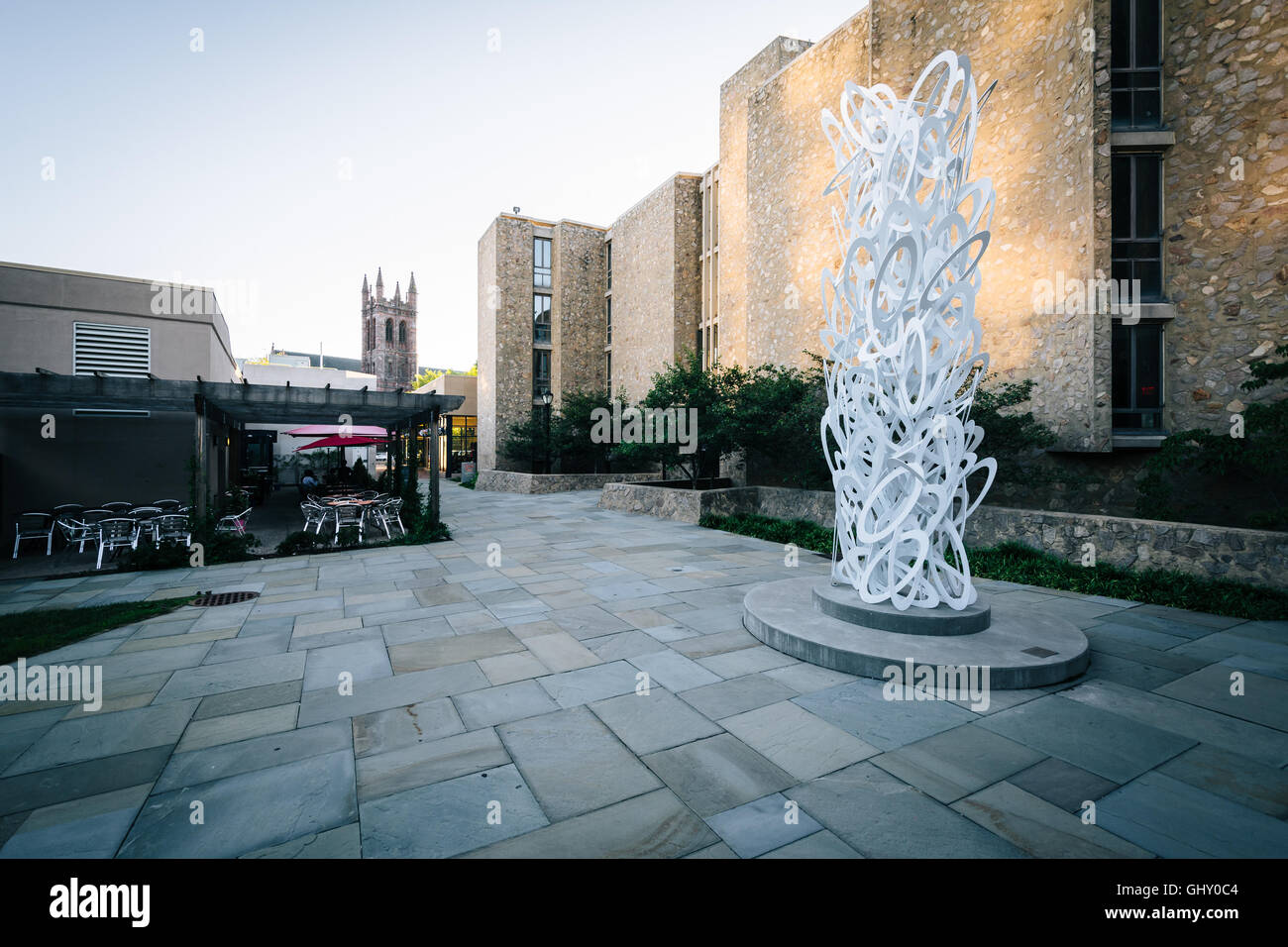 Sculpture and buildings on the campus of Yale University, in New Haven