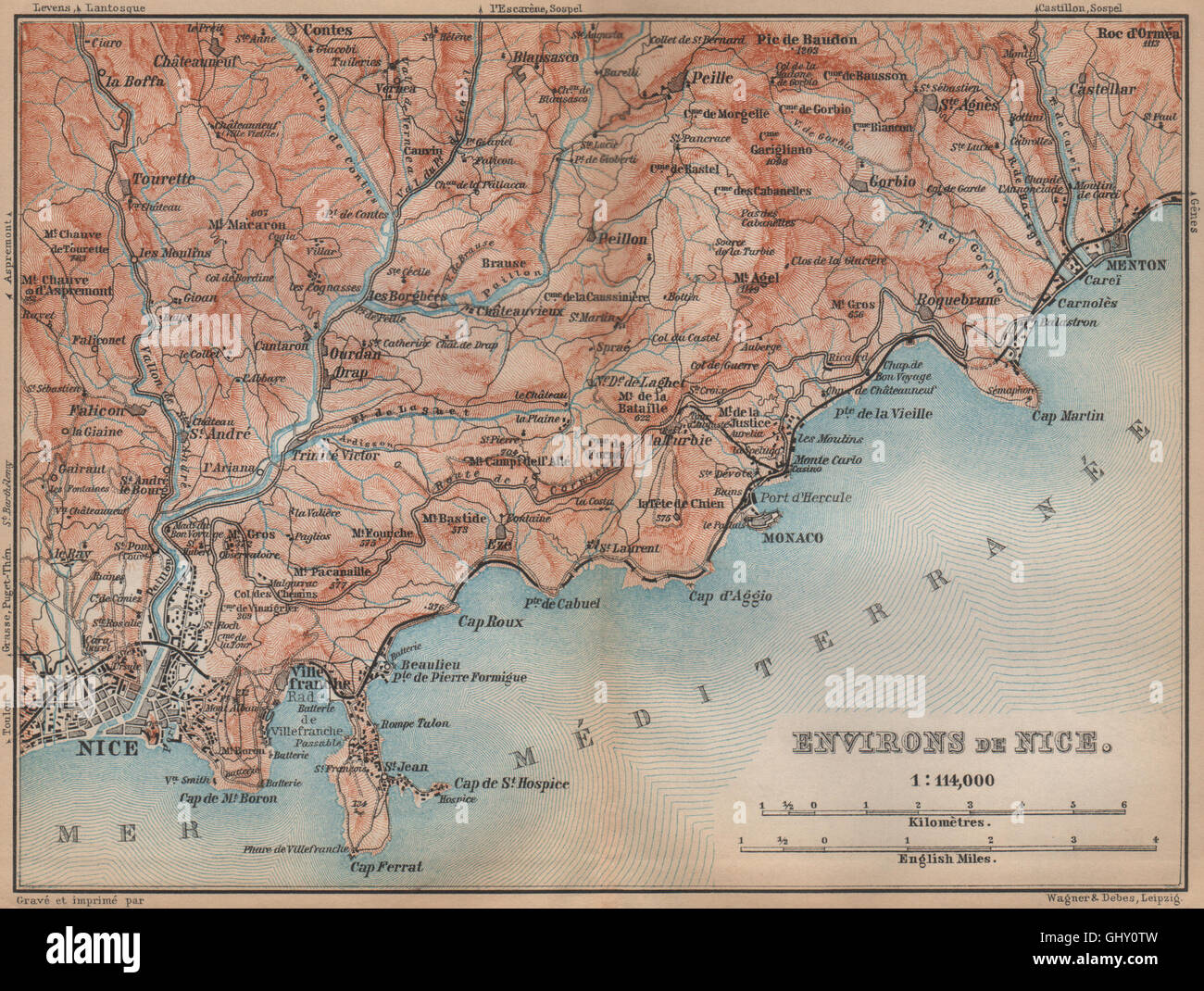NICE environs. Menton Monaco St-Jean-Cap-Ferrat Villefranche Beaulieu, 1895 map Stock Photo