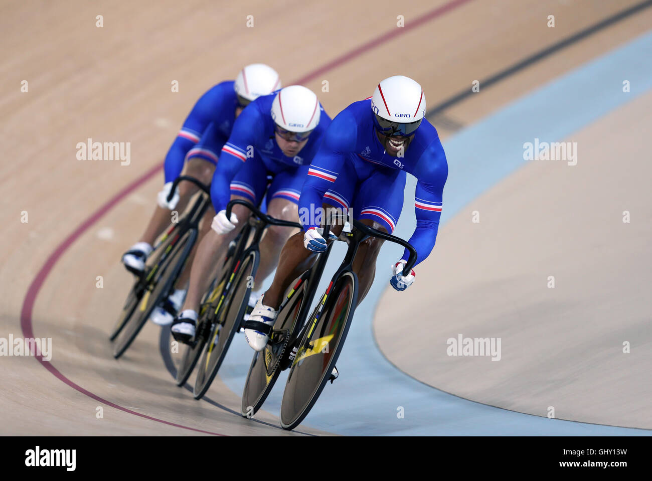 France's men's team sprint led by Gregory Bauge during the Men's team sprint on the sixth day of the Rio Olympics Games, Brazil. PRESS ASSOCIATION Photo. Picture date: Thursday August 11, 2016. Photo credit should read: David Davies/PA Wire. Stock Photo