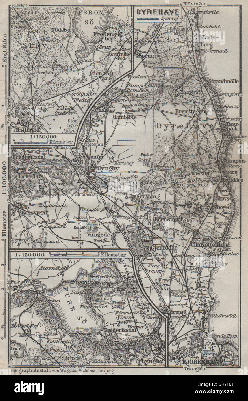 COPENHAGEN NORTHERN ENVIRONS. København Lyngby Gentofte Hillerod kort, 1909 map Stock Photo