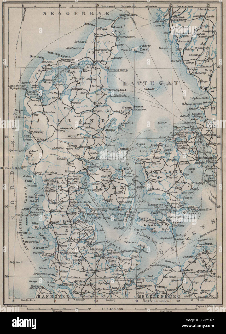DENMARK AND SLESVIG. Schleswig-Holstein. Railways kort. BAEDEKER, 1912 old map Stock Photo