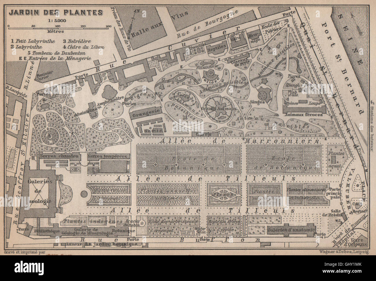 JARDIN DES PLANTES ground plan. Paris 5e carte. BAEDEKER, 1898 antique map  Stock Photo - Alamy
