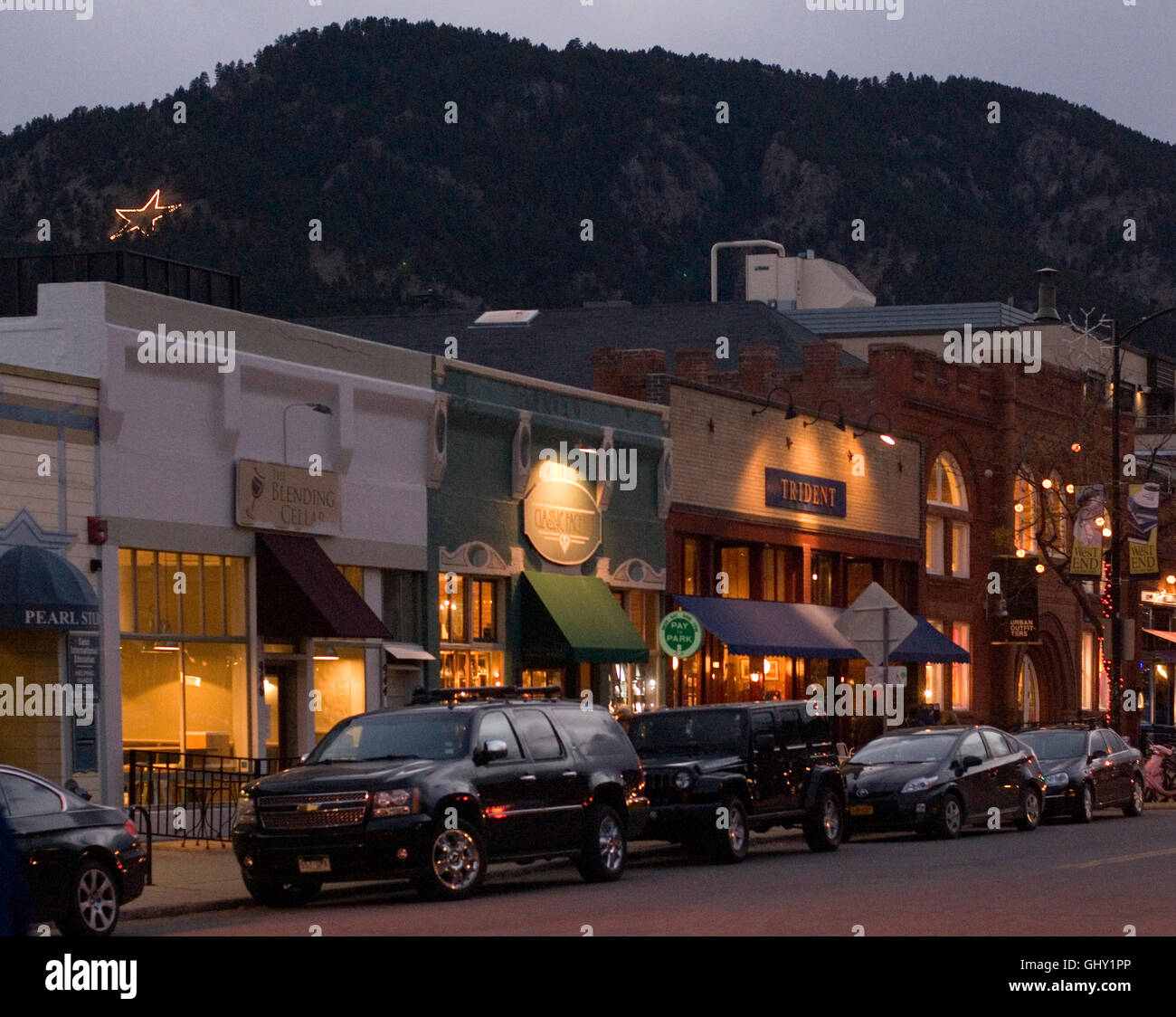 West Pearl Street during the holiday season with the star on Flagstaff Mountain. Stock Photo