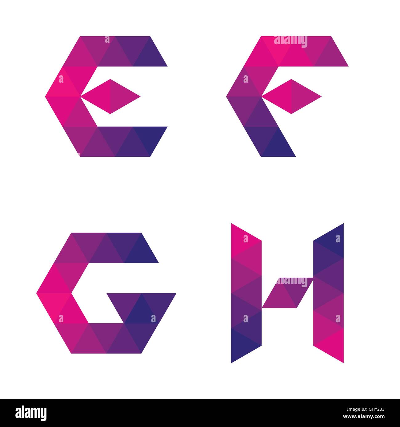 Series of letters e, f, g, h formed by colored triangles. Geometric shape. White background. Isolated. Stock Vector