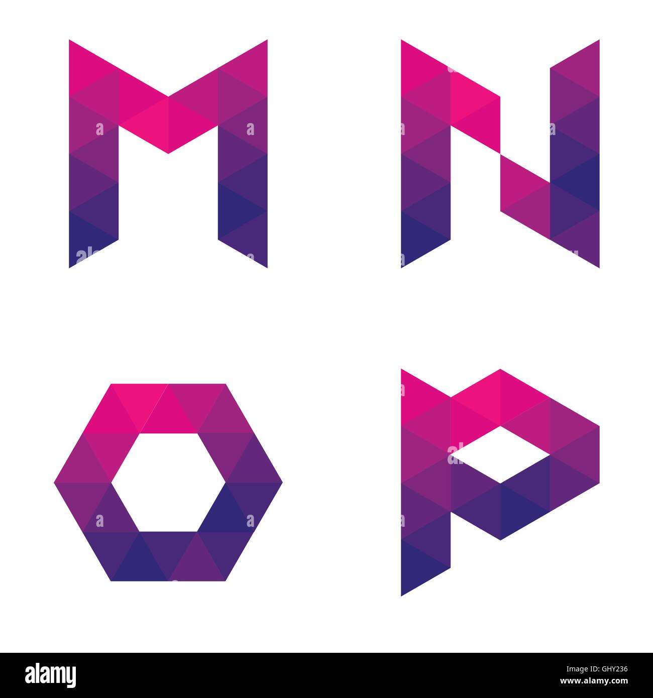 Series of letters m, n, o, p formed by colored triangles. Geometric shape. White background. Isolated. Stock Vector