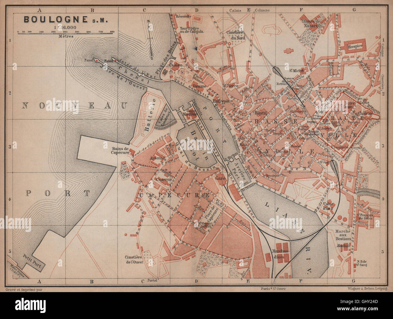 BOULOGNE-SUR-MER town city plan de la ville. Pas-de-Calais carte, 1900 old map Stock Photo