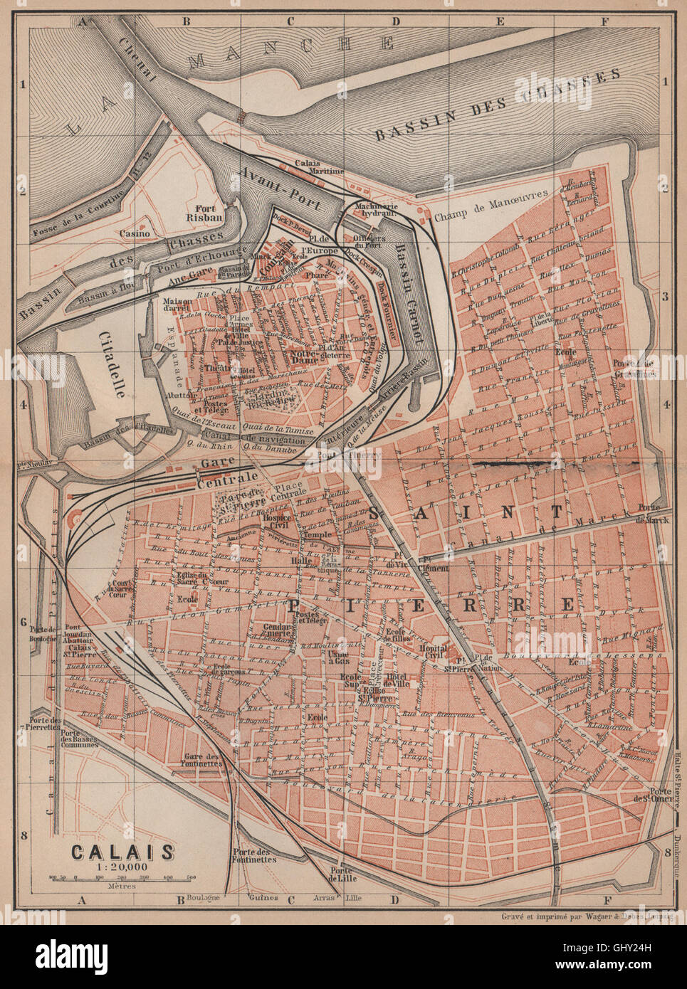 CALAIS antique town city plan de la ville. Pas-de-Calais carte, 1900 old map Stock Photo