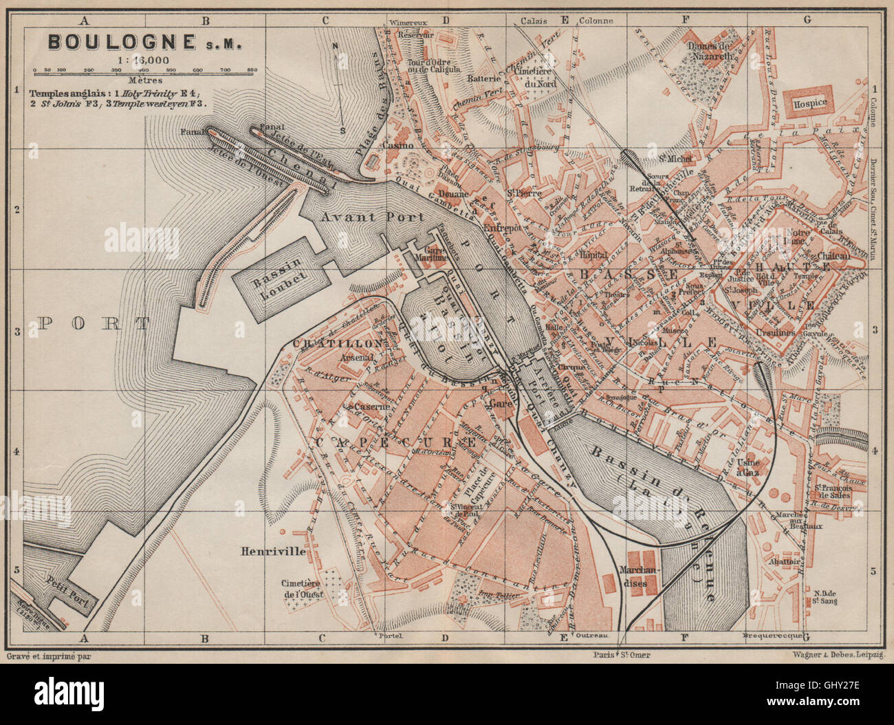 BOULOGNE-SUR-MER town city plan de la ville. Pas-de-Calais carte, 1907 old map Stock Photo