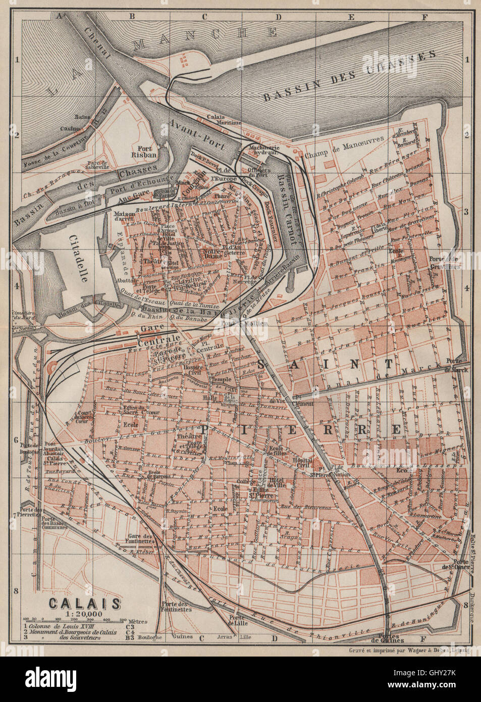 CALAIS antique town city plan de la ville. Pas-de-Calais carte, 1907 old map Stock Photo