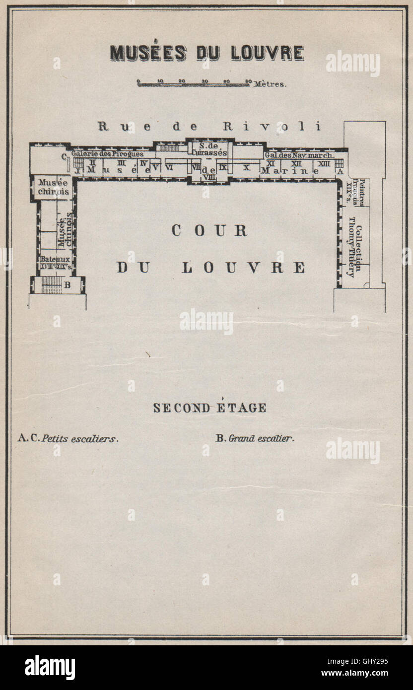 MUSÉES DU LOUVRE; SECOND ÉTAGE Second floor plan. Paris carte, 1910 old map Stock Photo - Alamy