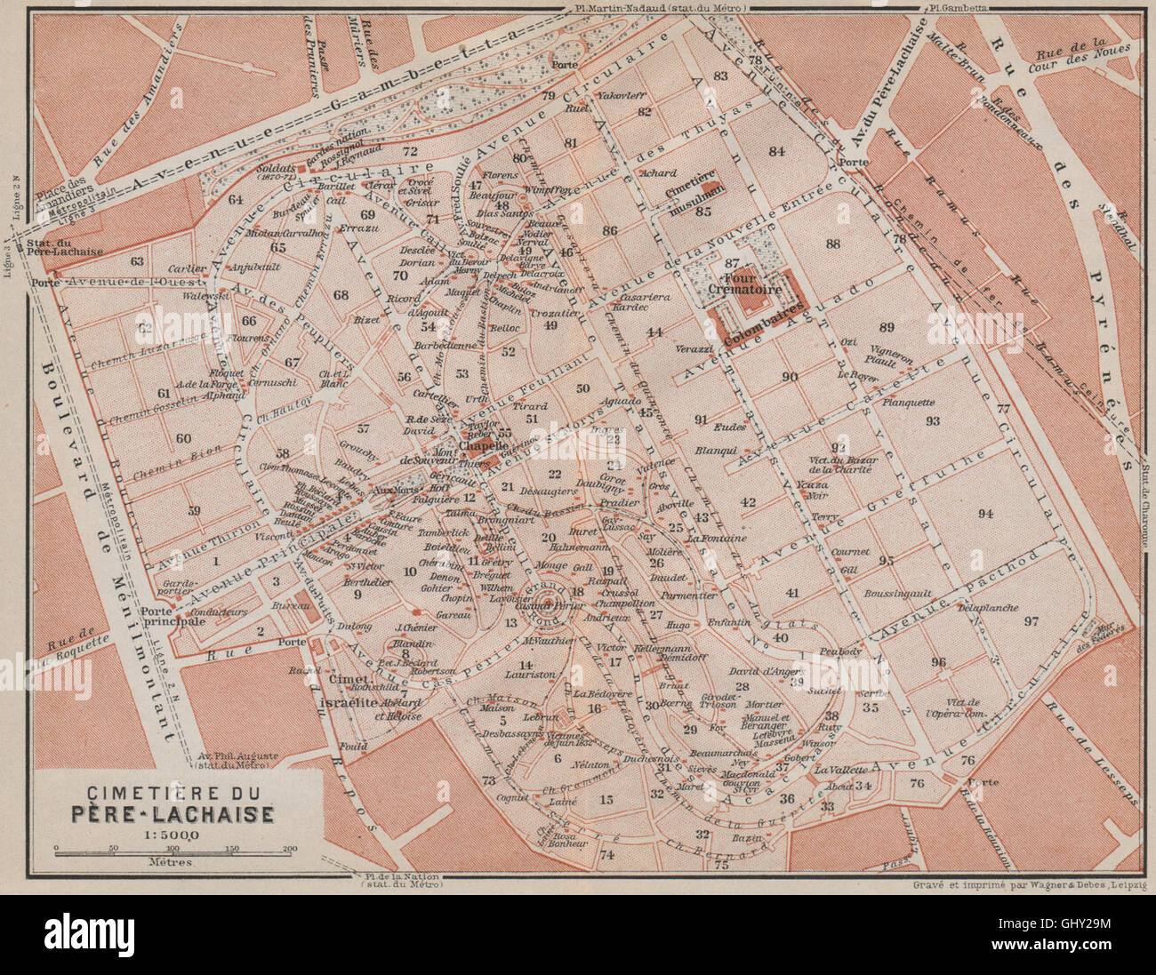 CEMETERY / CIMETIÈRE DU PÈRELACHAISE ground plan. Paris 20e carte, 1910 map Stock Photo Alamy