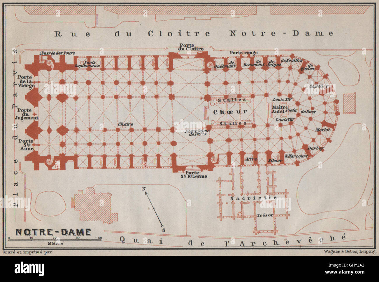 CATHÉDRALE CATHEDRAL NOTRE-DAME DE PARIS floor plan carte. BAEDEKER, 1910  map Stock Photo - Alamy