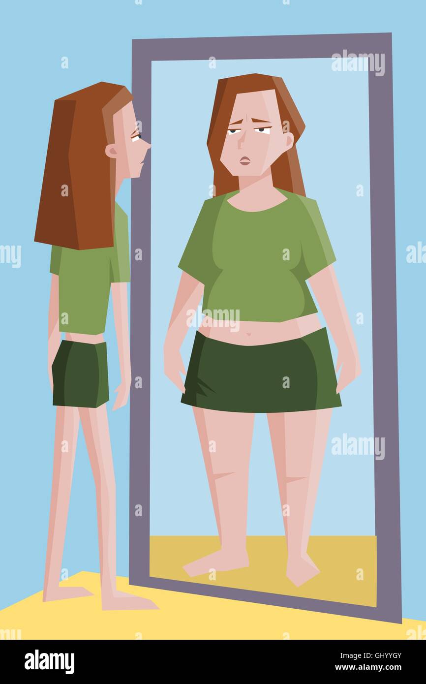 thin girl seeing  in the mirror fat herself - funny cartoon illustration of women problem Stock Vector